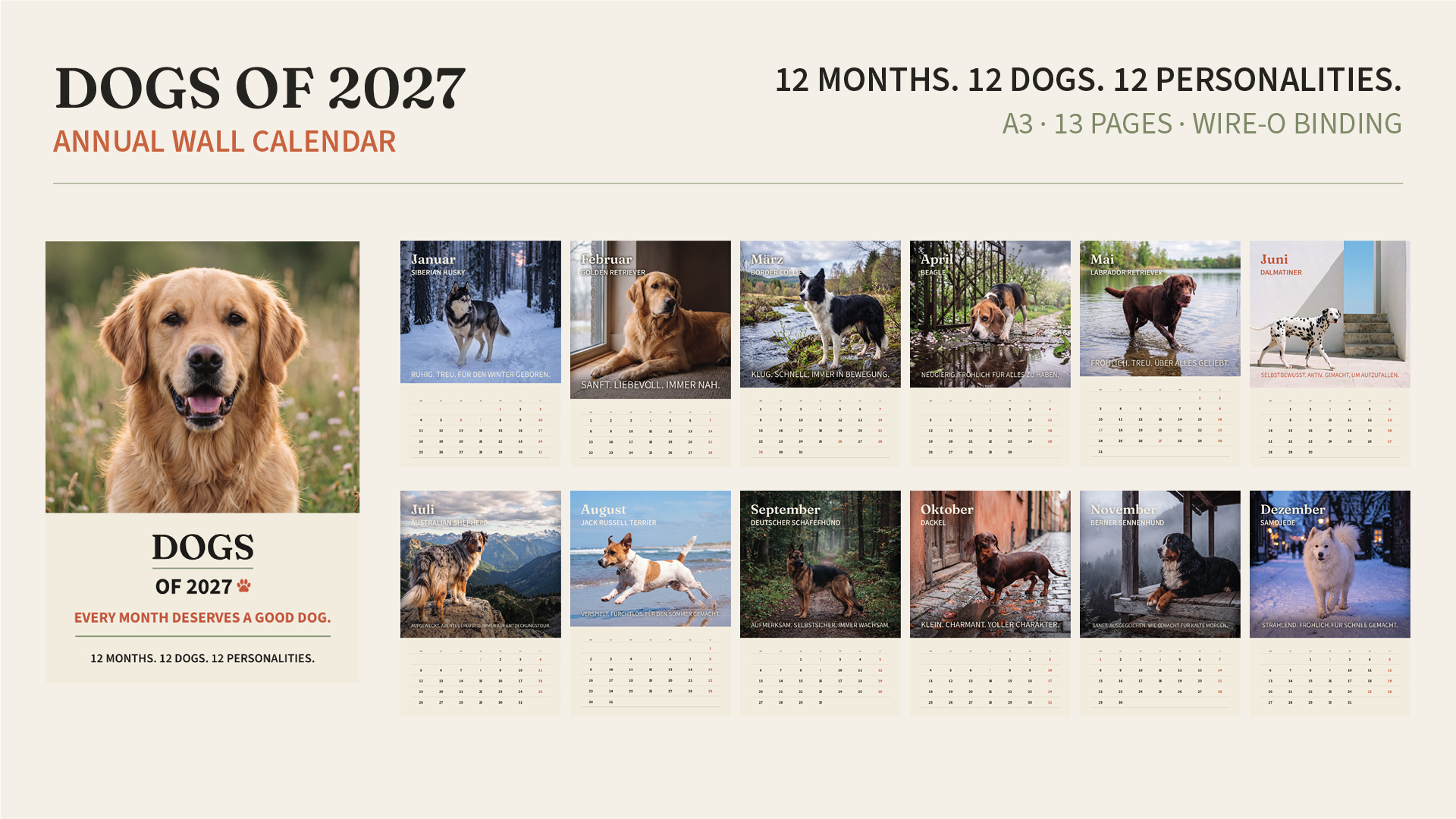DOGS OF 2027 im Überblick: Titelseite und zwölf Monatsseiten