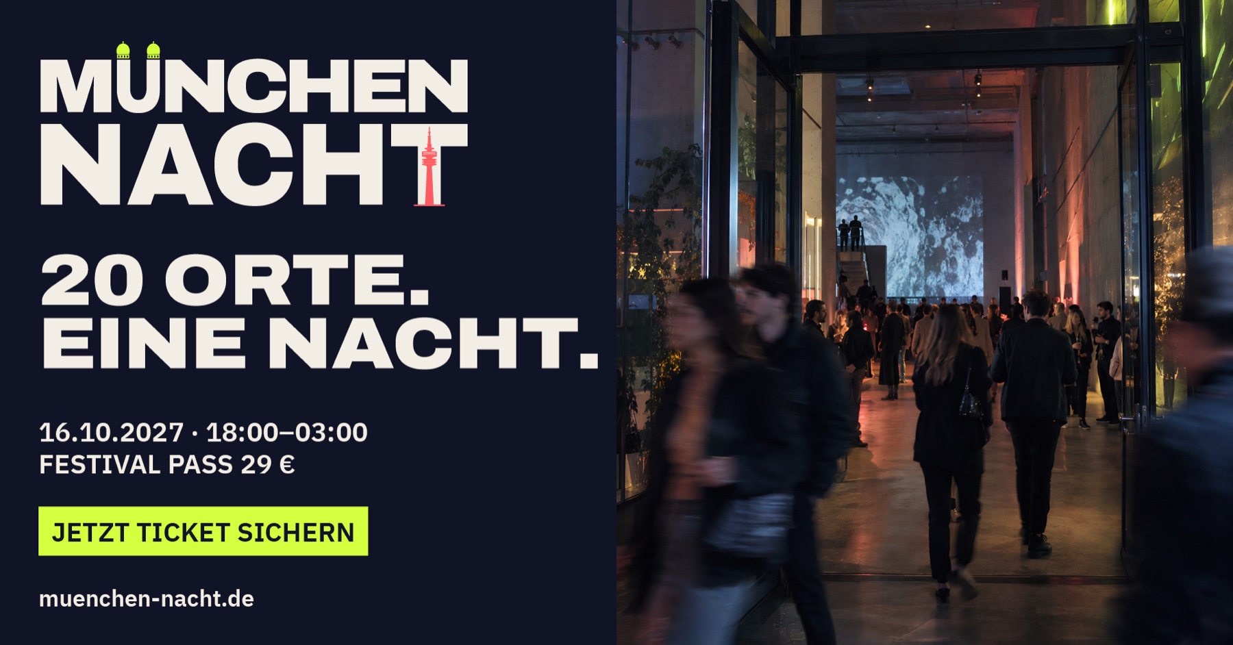 Horizontales Event-Cover der MÜNCHEN NACHT Kampagne mit Festivalmotiv und Ticketaufruf