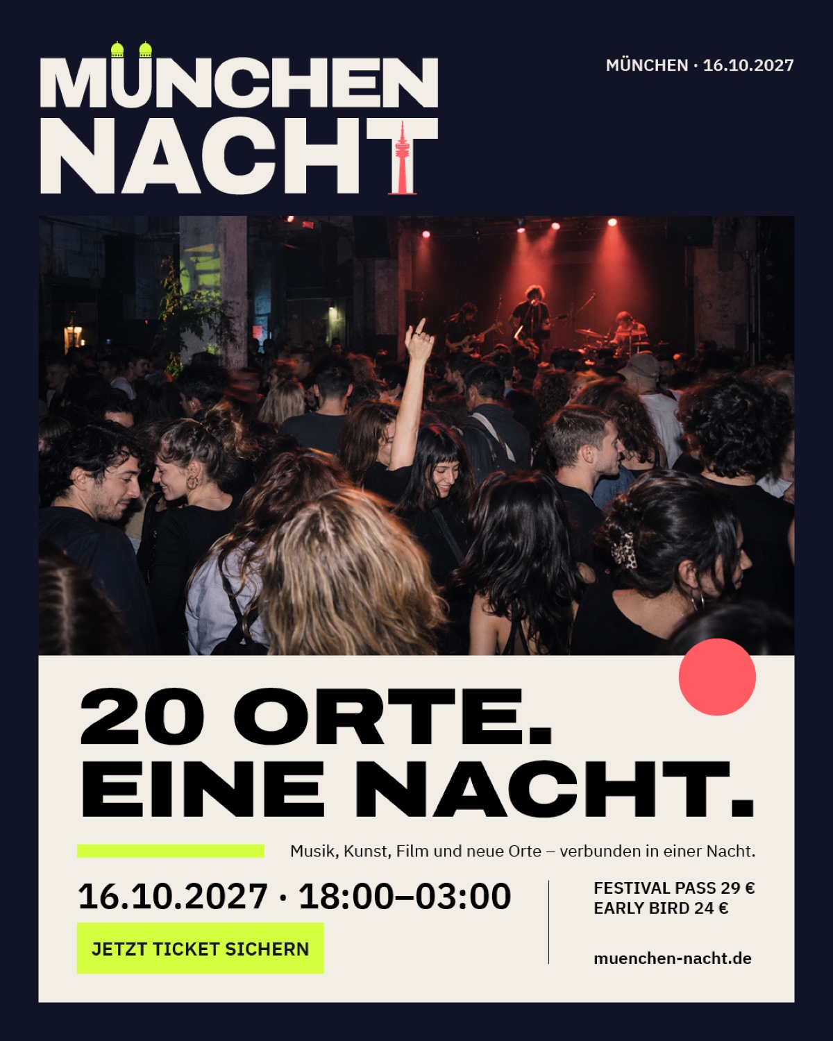 MÜNCHEN NACHT Key Visual mit nächtlicher Kulturveranstaltung und dem Text 20 Orte. Eine Nacht.