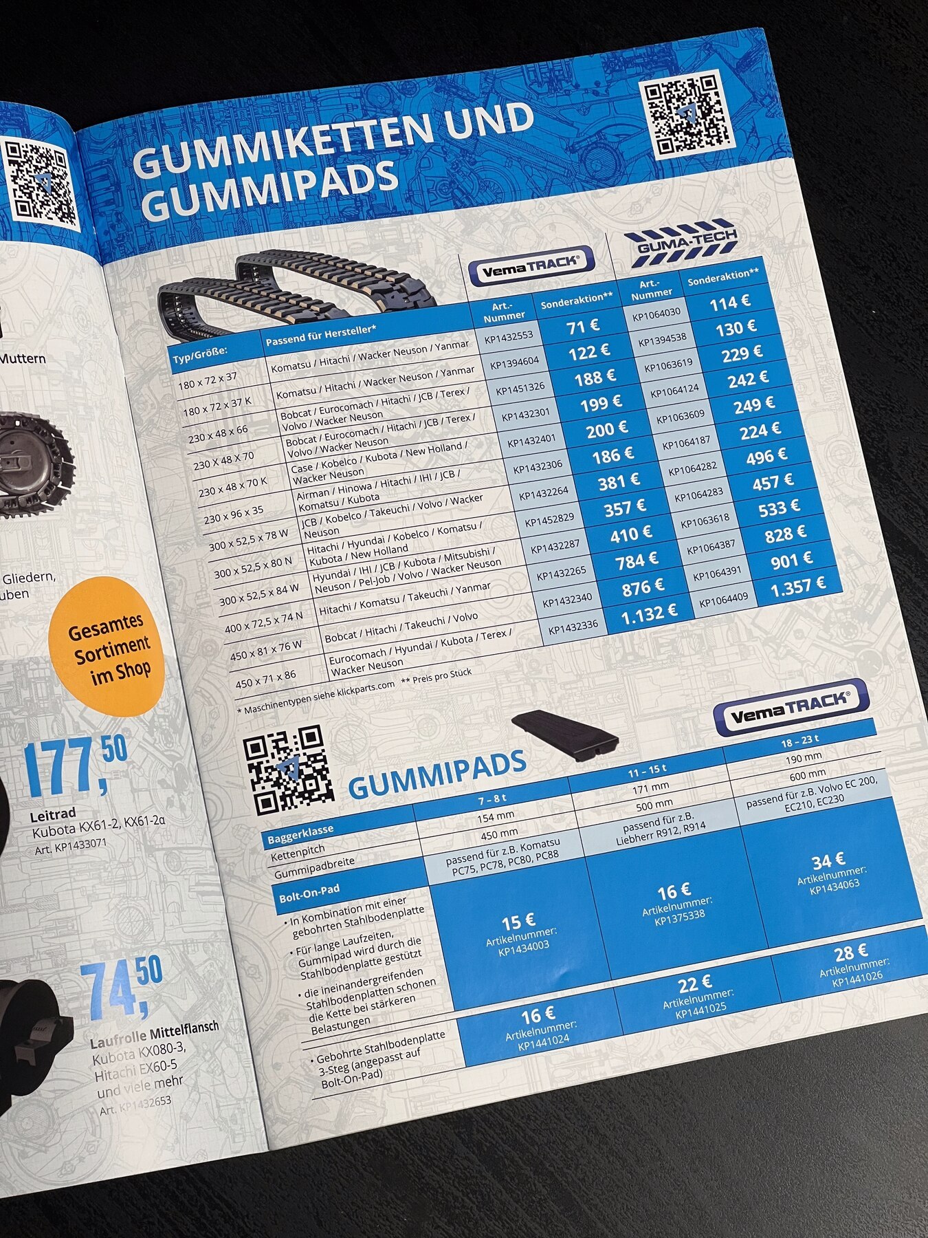 Innendoppelseite der Klickparts Broschüre mit Gummiketten und Gummipads