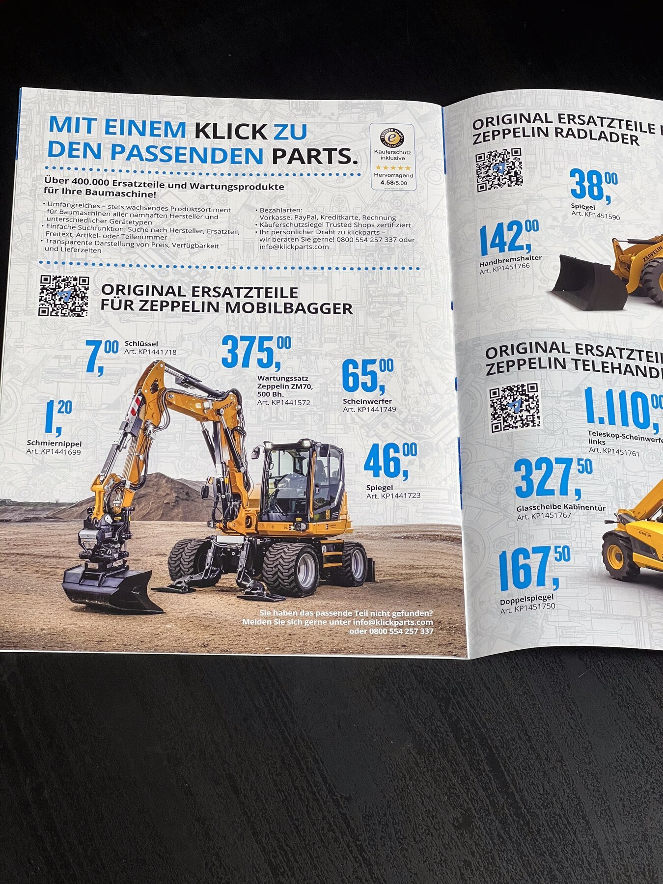 Innendoppelseite der Klickparts Broschüre mit Ersatzteilen für Zeppelin Baumaschinen