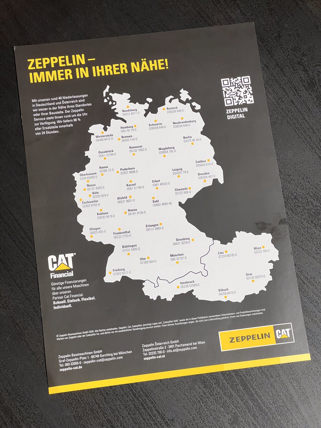 Rückseite der Zeppelin Printanzeige mit Standortkarte für Deutschland und Österreich