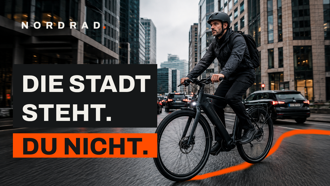 YouTube Thumbnail der NORDRAD ONE Kampagne mit dem Text Die Stadt steht. Du nicht.