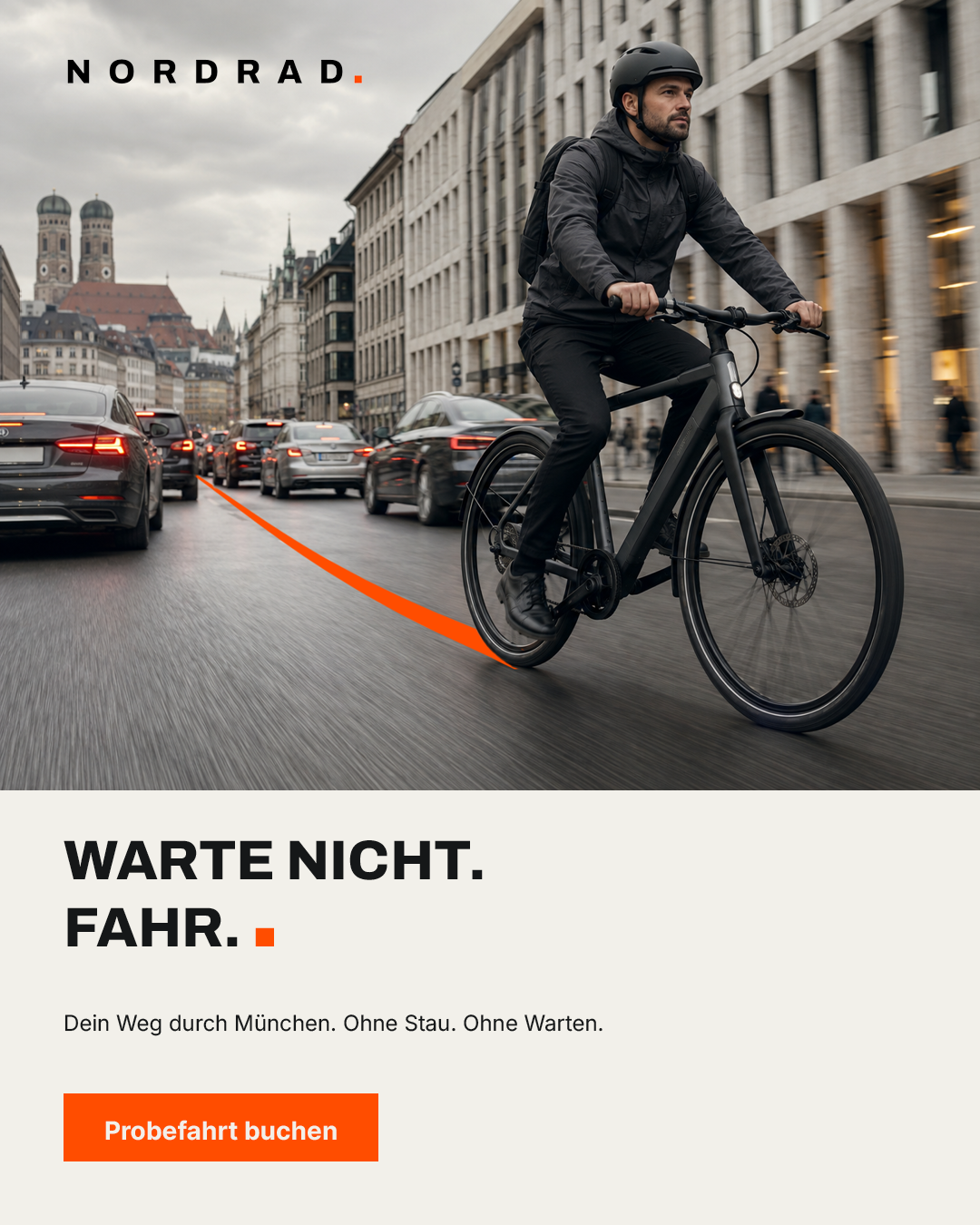 NORDRAD ONE Key Visual mit Premium Urban E-Bike, Münchner Stadtverkehr und orangefarbener Routenlinie